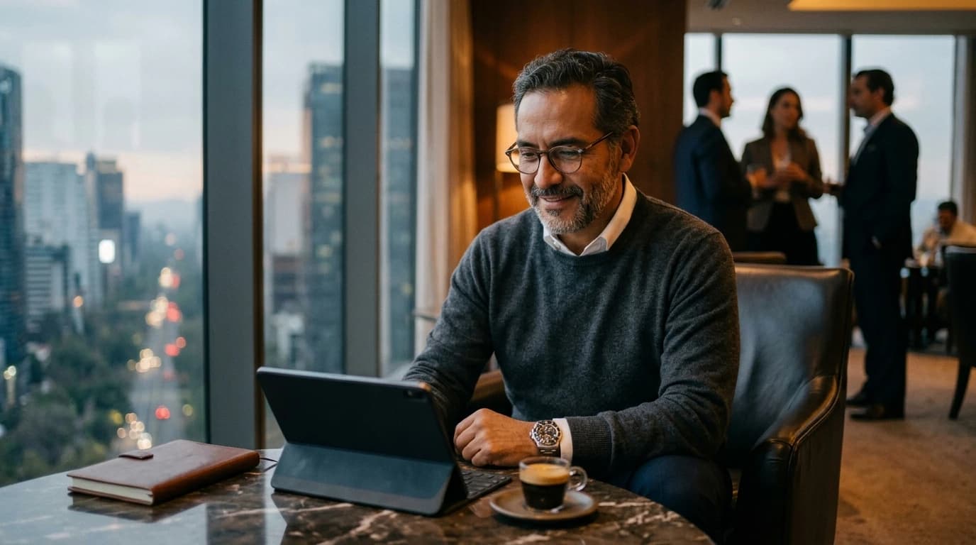 Hombre maduro elegante revisando su tableta en una cafetería tranquila.