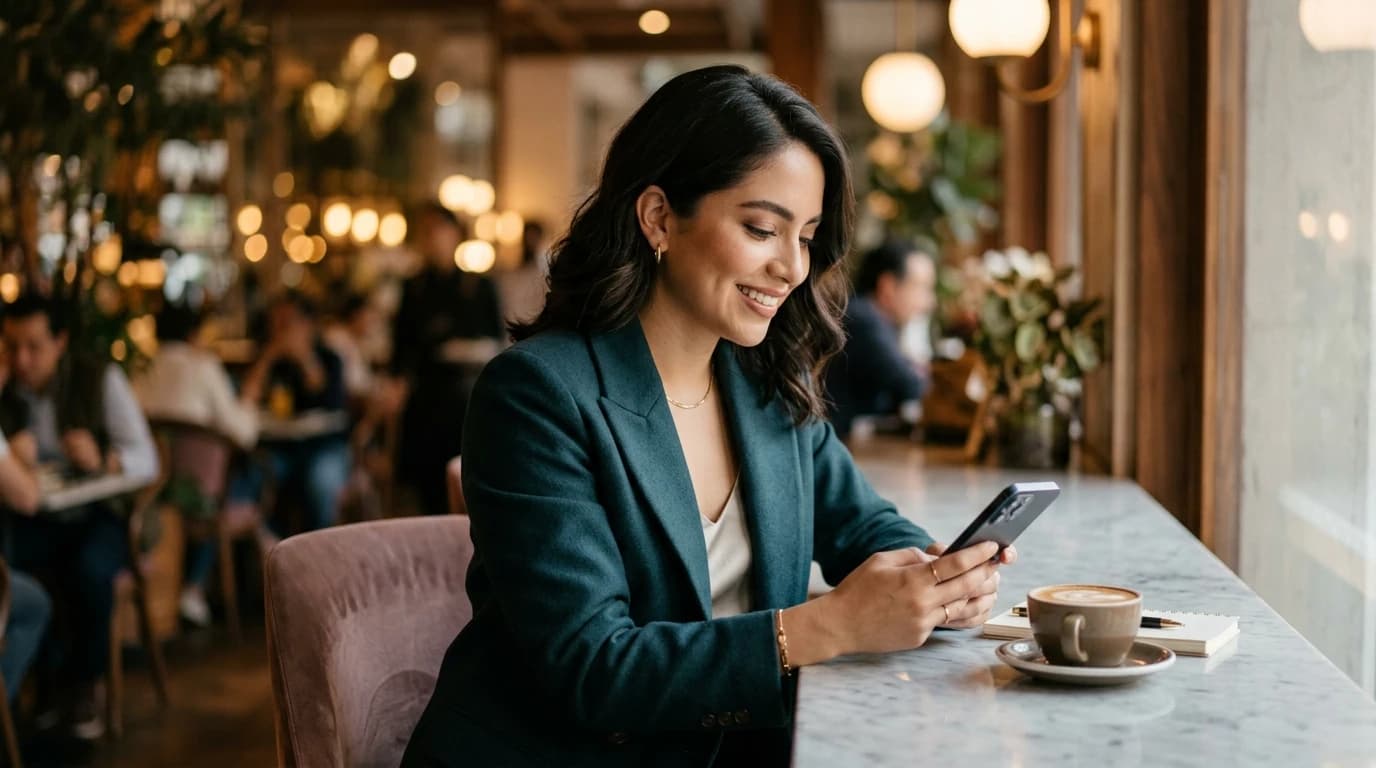 Mujer joven elegante revisando su teléfono de forma reflexiva y tranquila en una cafetería moderna y exclusiva.