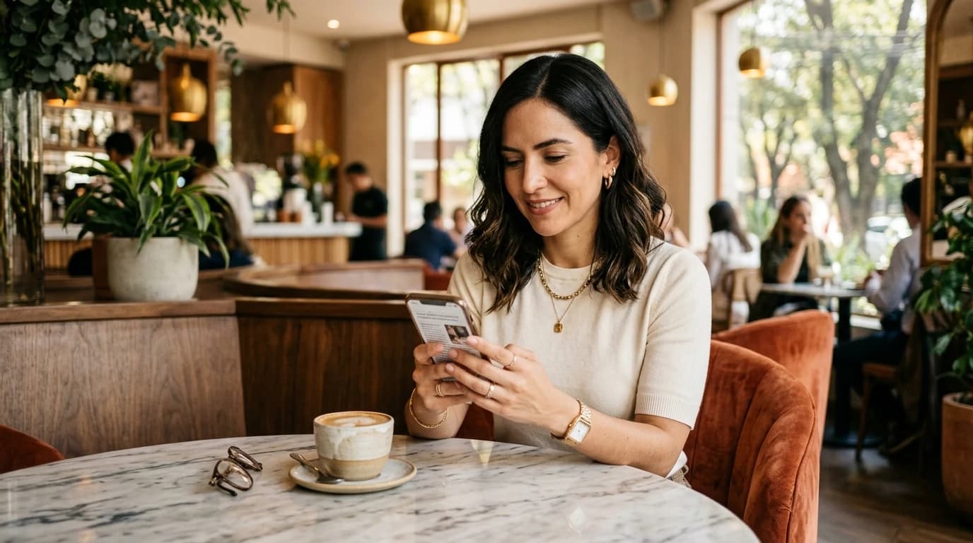 Mujer revisando su teléfono con tranquilidad mientras evalúa un perfil en línea.