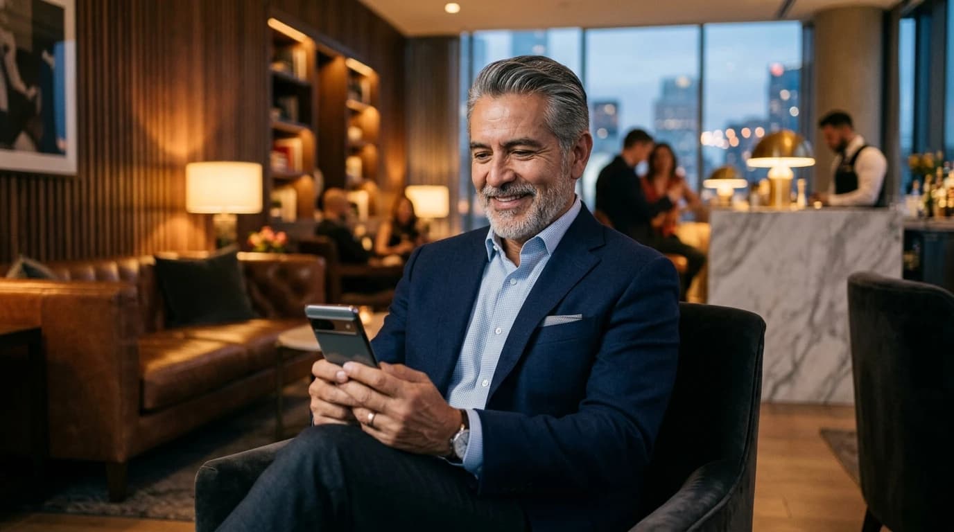 Caballero maduro elegante y sonriente revisando una conversación en su teléfono móvil en un salón exclusivo.